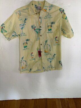 Vintage Bluewater Wear Hawaiian Shirt L Marlin Martini Fish Cocktails Yellow